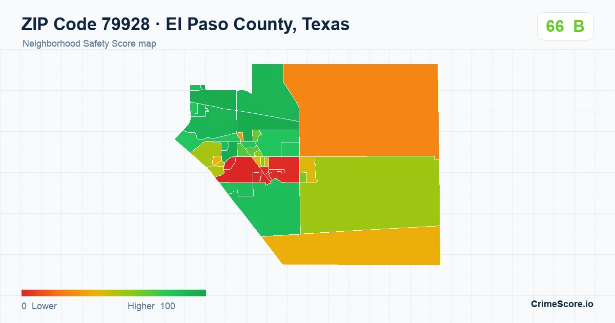 ZIP Code 79928 in El Paso County, Texas neighborhood Safety Score map