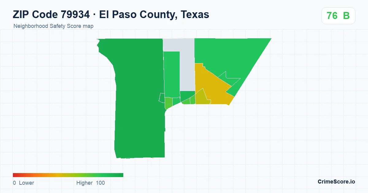 ZIP Code 79934 in El Paso County, Texas neighborhood Safety Score map