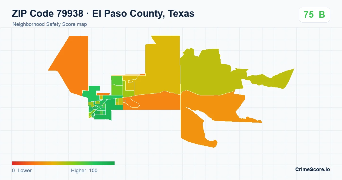 ZIP Code 79938 in El Paso County, Texas neighborhood Safety Score map