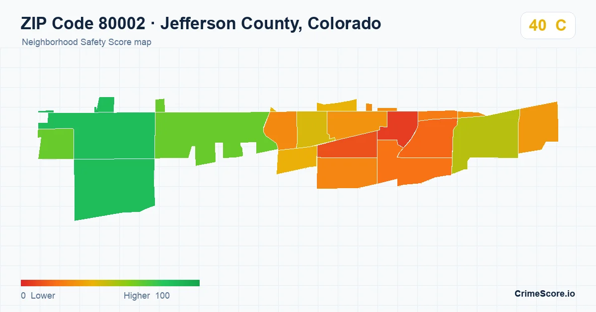 ZIP Code 80002 in Jefferson County, Colorado neighborhood Safety Score map