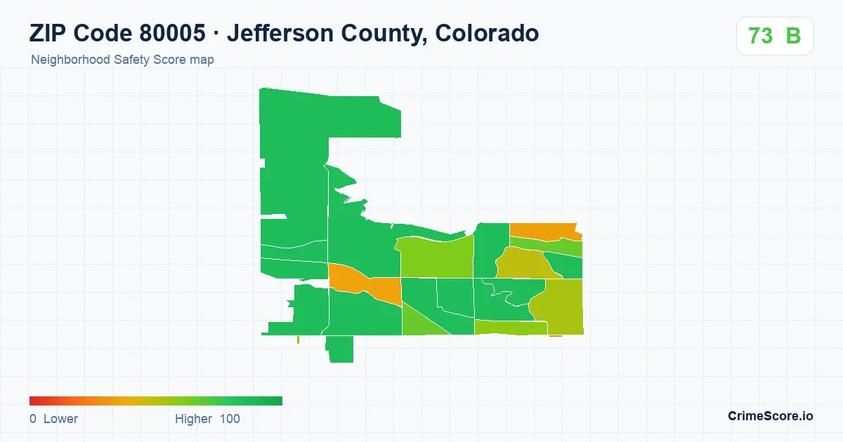 ZIP Code 80005 in Jefferson County, Colorado neighborhood Safety Score map