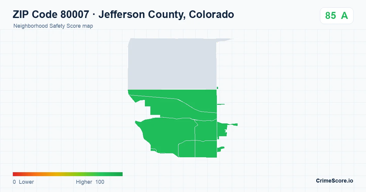 ZIP Code 80007 in Jefferson County, Colorado neighborhood Safety Score map