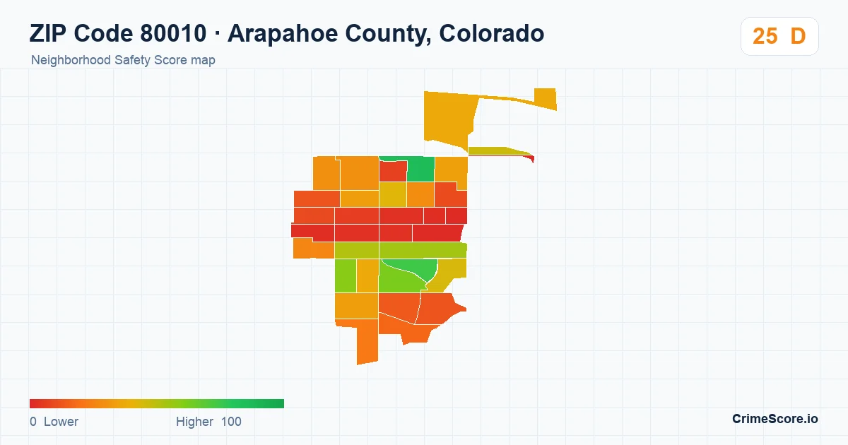 ZIP Code 80010 in Arapahoe County, Colorado neighborhood Safety Score map
