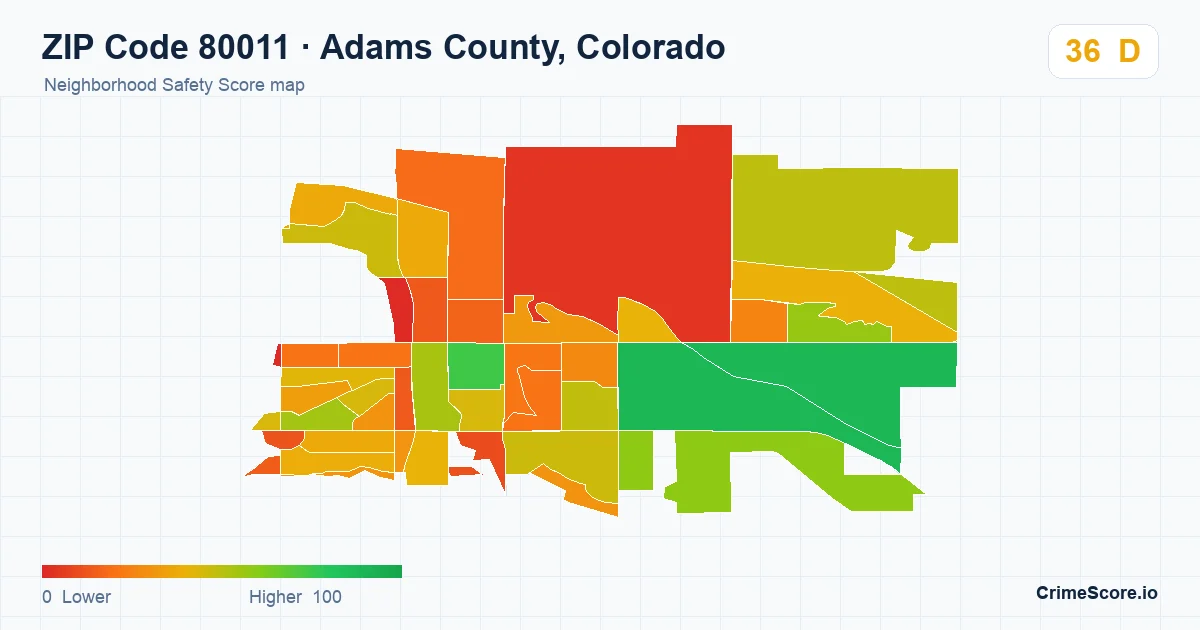 ZIP Code 80011 in Adams County, Colorado neighborhood Safety Score map