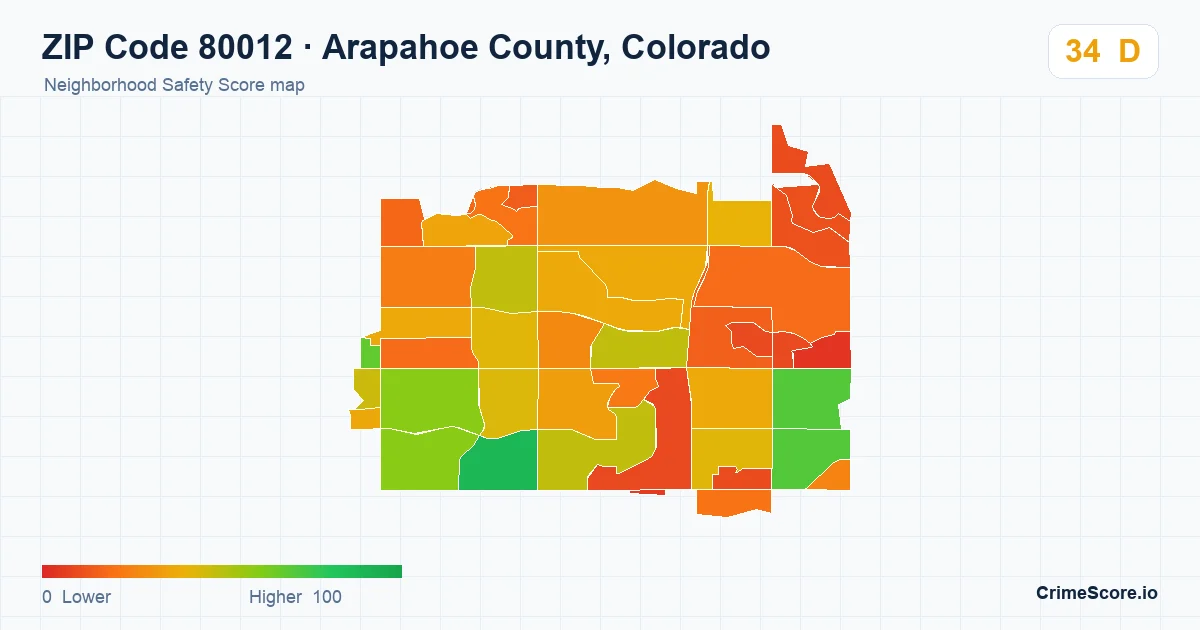 ZIP Code 80012 in Arapahoe County, Colorado neighborhood Safety Score map