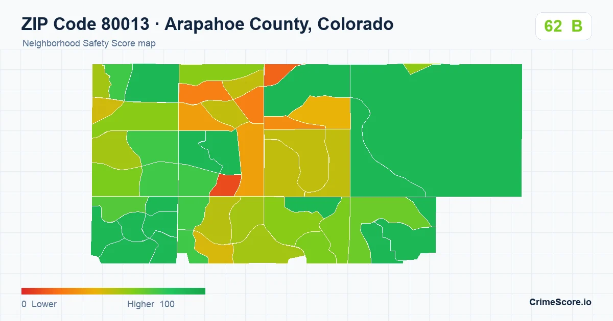 ZIP Code 80013 in Arapahoe County, Colorado neighborhood Safety Score map