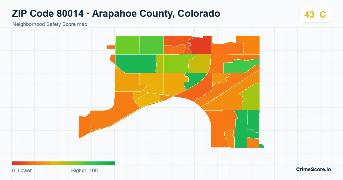 ZIP Code 80014 in Arapahoe County, Colorado neighborhood Safety Score map