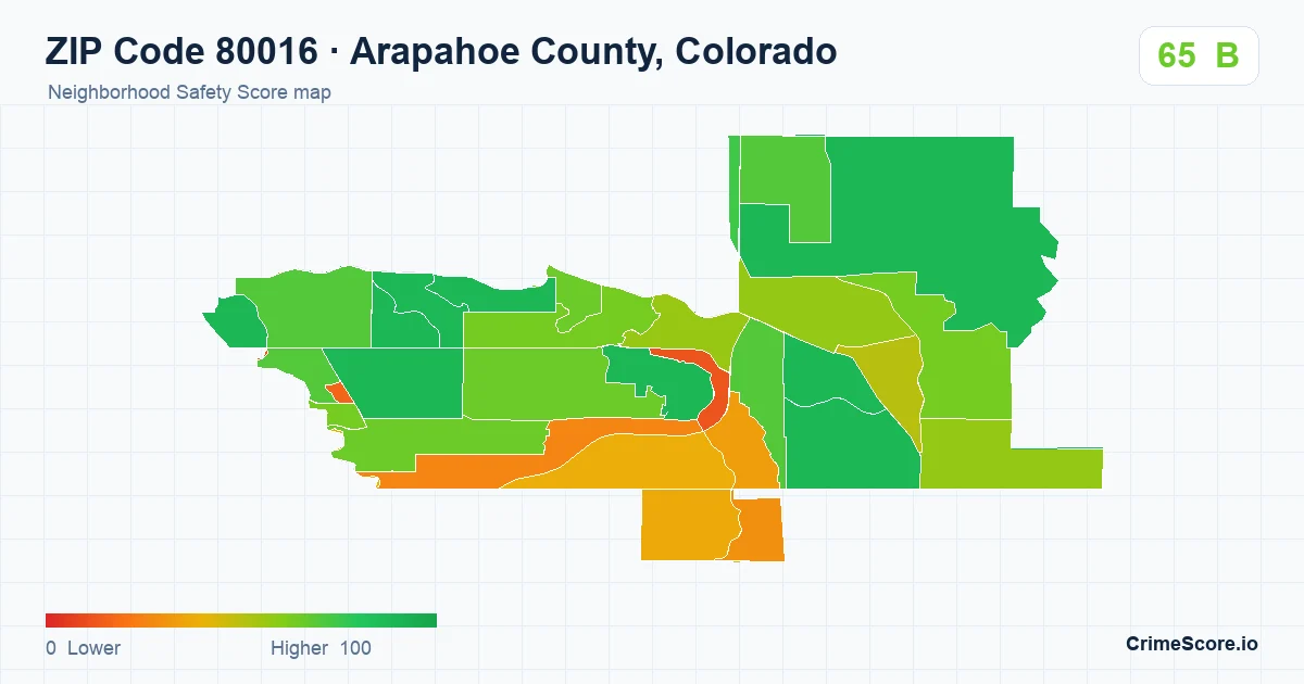 ZIP Code 80016 in Arapahoe County, Colorado neighborhood Safety Score map