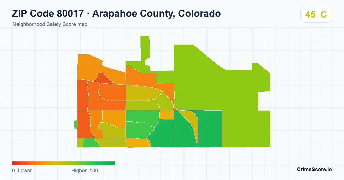 ZIP Code 80017 in Arapahoe County, Colorado neighborhood Safety Score map