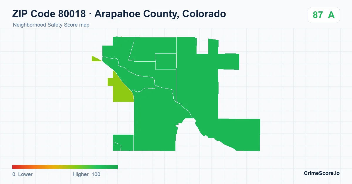 ZIP Code 80018 in Arapahoe County, Colorado neighborhood Safety Score map