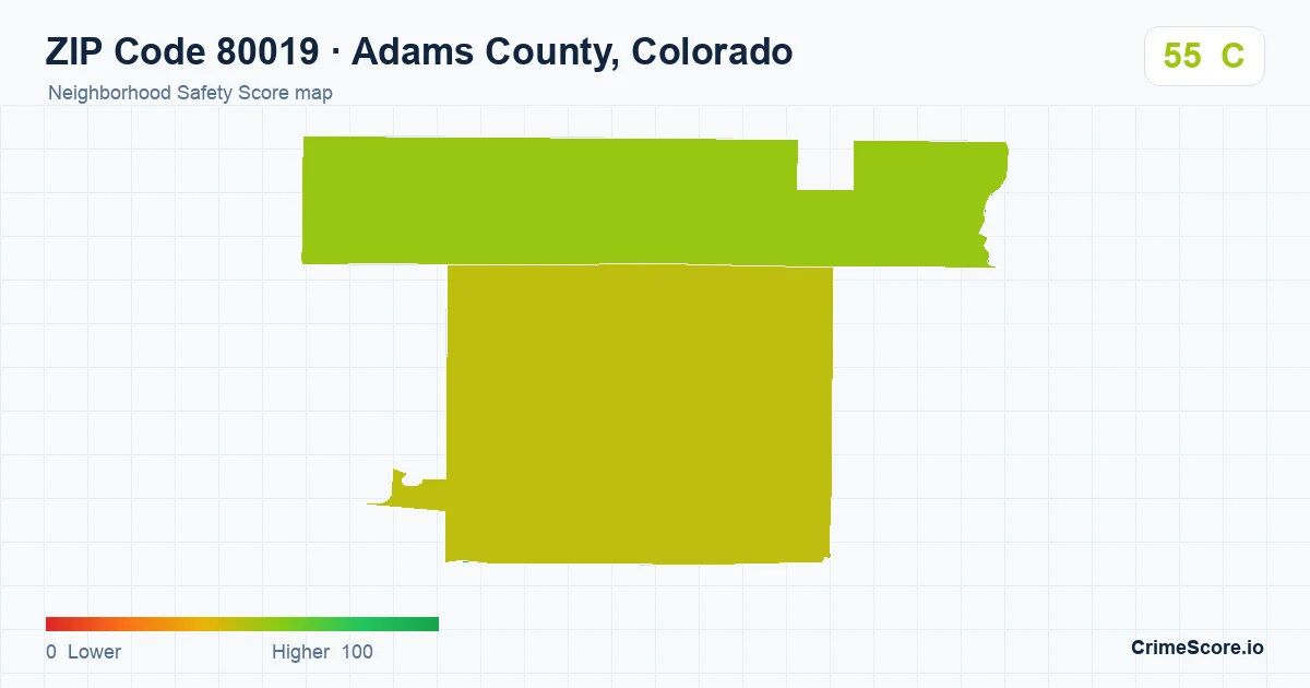 ZIP Code 80019 in Adams County, Colorado neighborhood Safety Score map