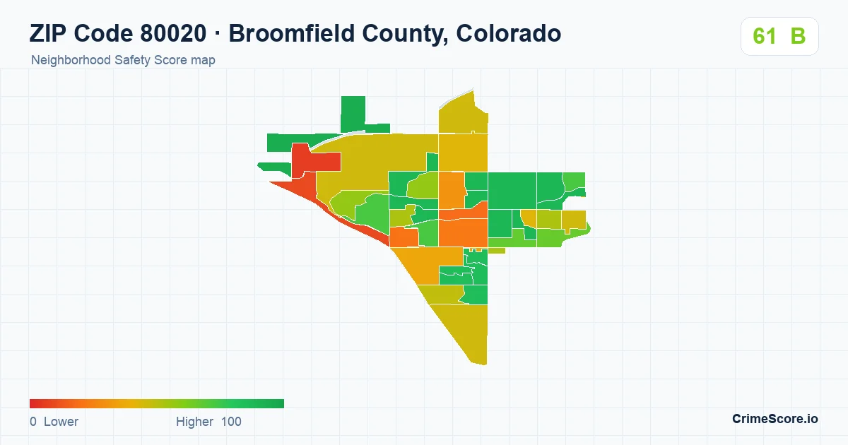 ZIP Code 80020 in Broomfield County, Colorado neighborhood Safety Score map