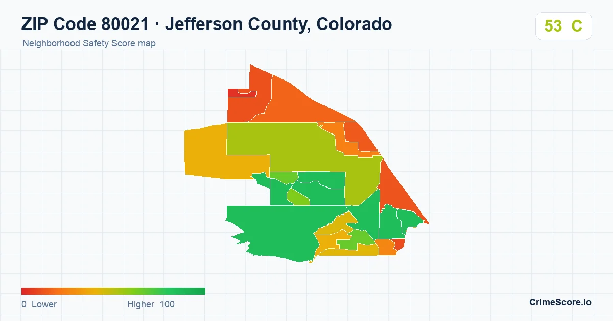 ZIP Code 80021 in Jefferson County, Colorado neighborhood Safety Score map