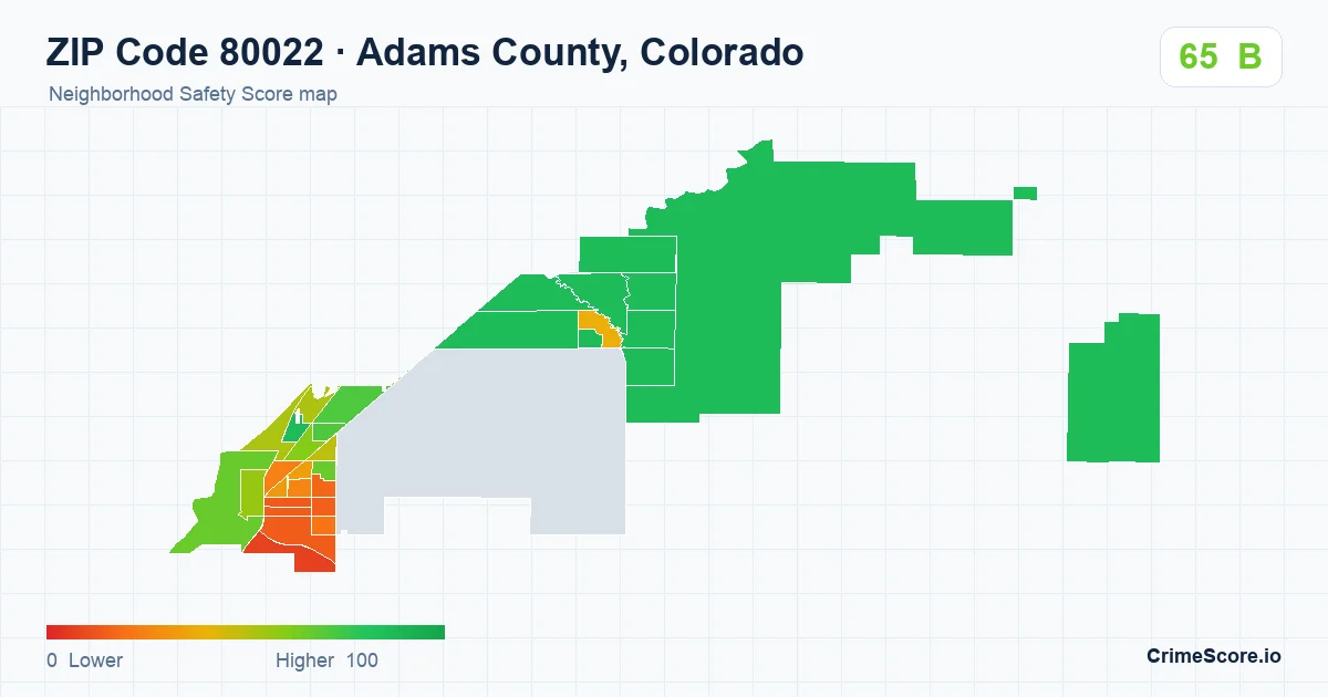 ZIP Code 80022 in Adams County, Colorado neighborhood Safety Score map