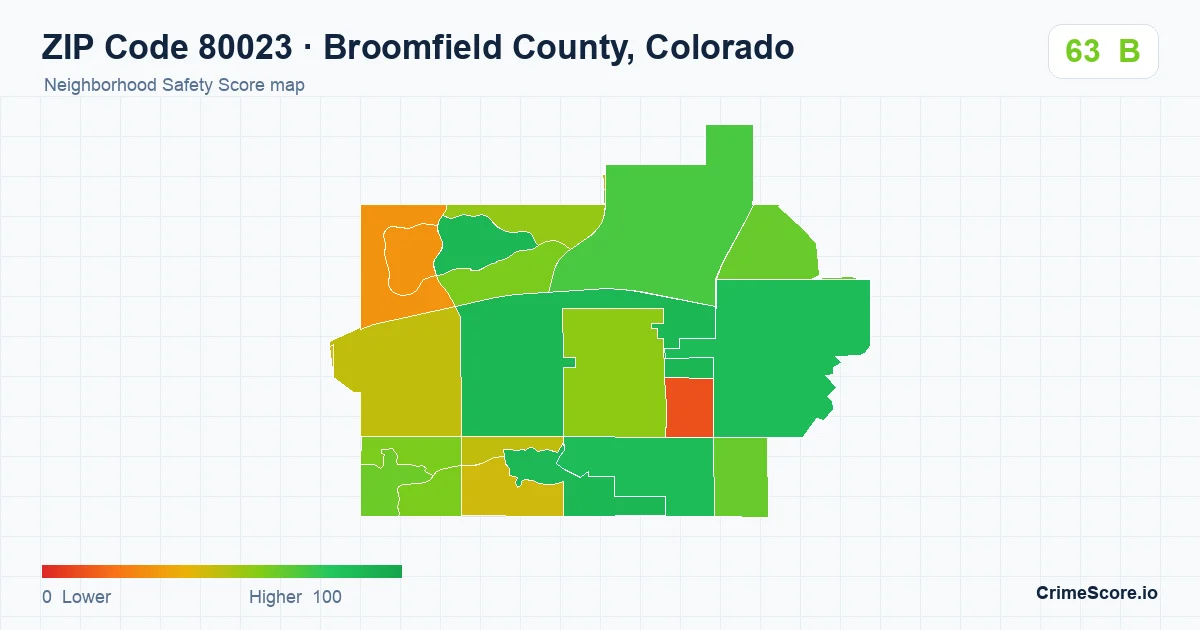 ZIP Code 80023 in Broomfield County, Colorado neighborhood Safety Score map