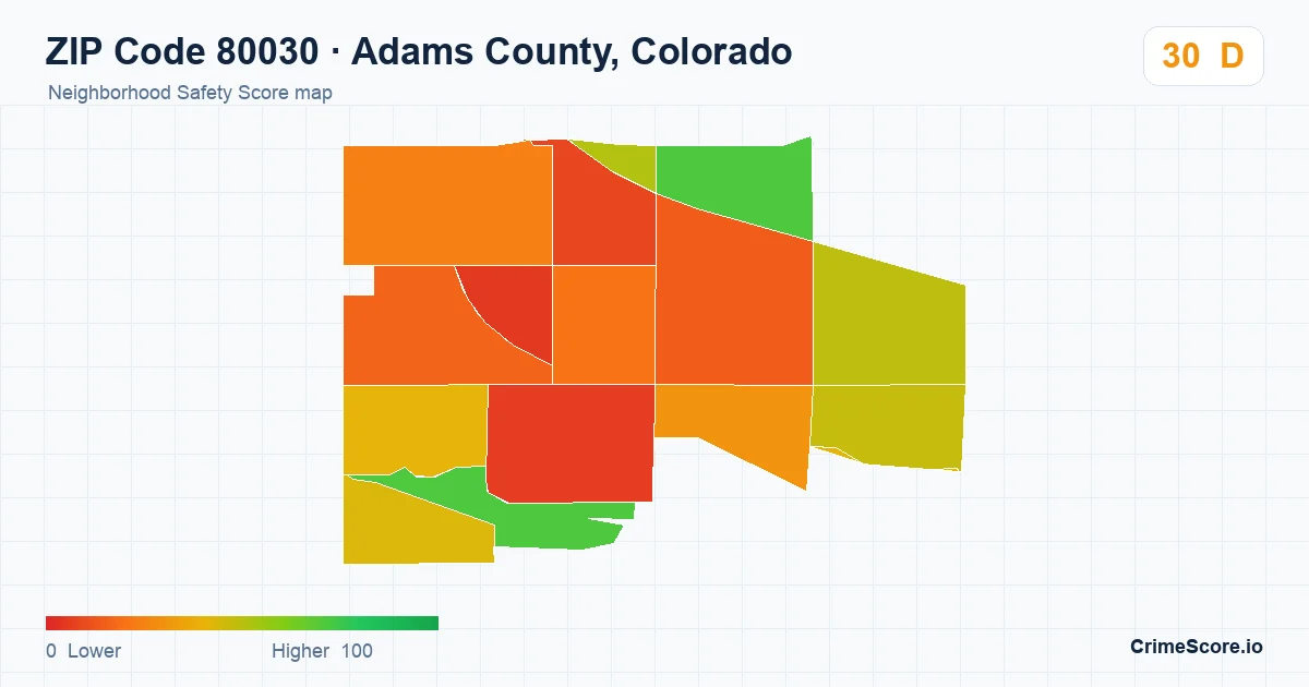 ZIP Code 80030 in Adams County, Colorado neighborhood Safety Score map
