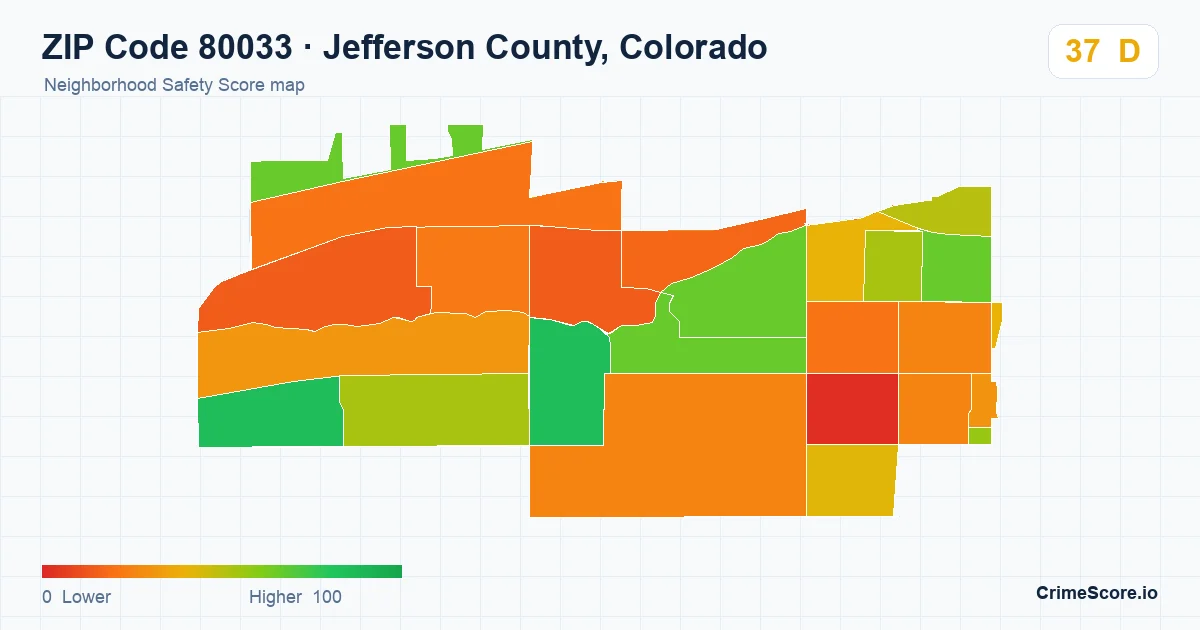 ZIP Code 80033 in Jefferson County, Colorado neighborhood Safety Score map