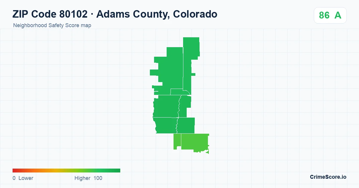 ZIP Code 80102 in Adams County, Colorado neighborhood Safety Score map