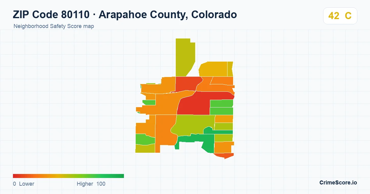 ZIP Code 80110 in Arapahoe County, Colorado neighborhood Safety Score map