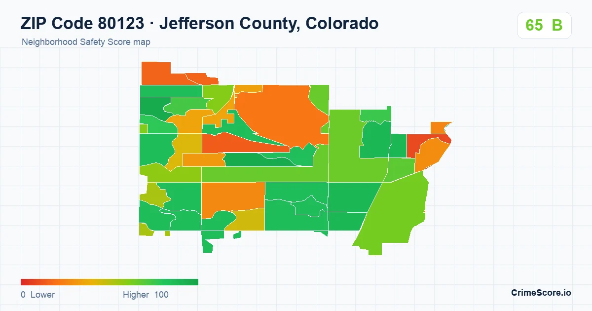 ZIP Code 80123 in Jefferson County, Colorado neighborhood Safety Score map