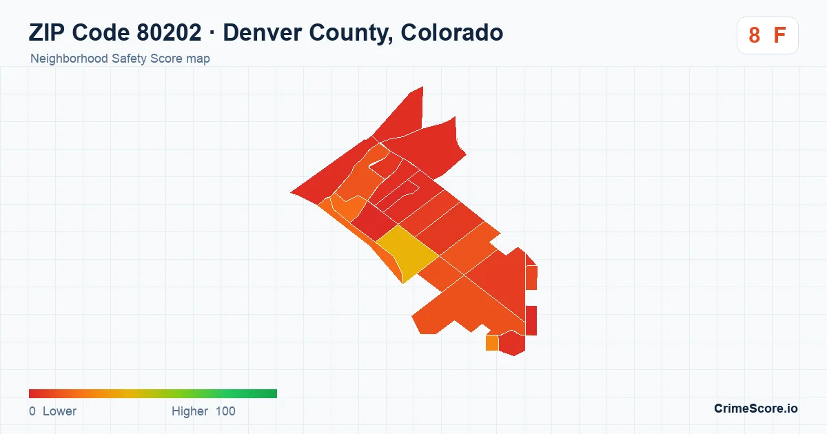 ZIP Code 80202 in Denver County, Colorado neighborhood Safety Score map