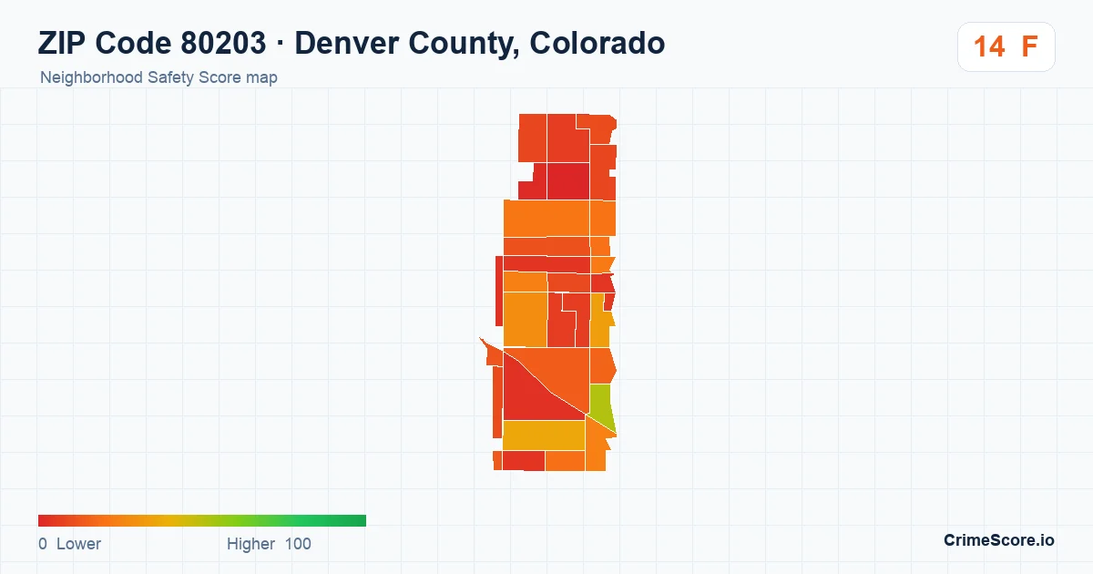 ZIP Code 80203 in Denver County, Colorado neighborhood Safety Score map