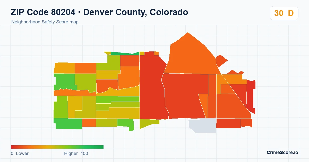 ZIP Code 80204 in Denver County, Colorado neighborhood Safety Score map