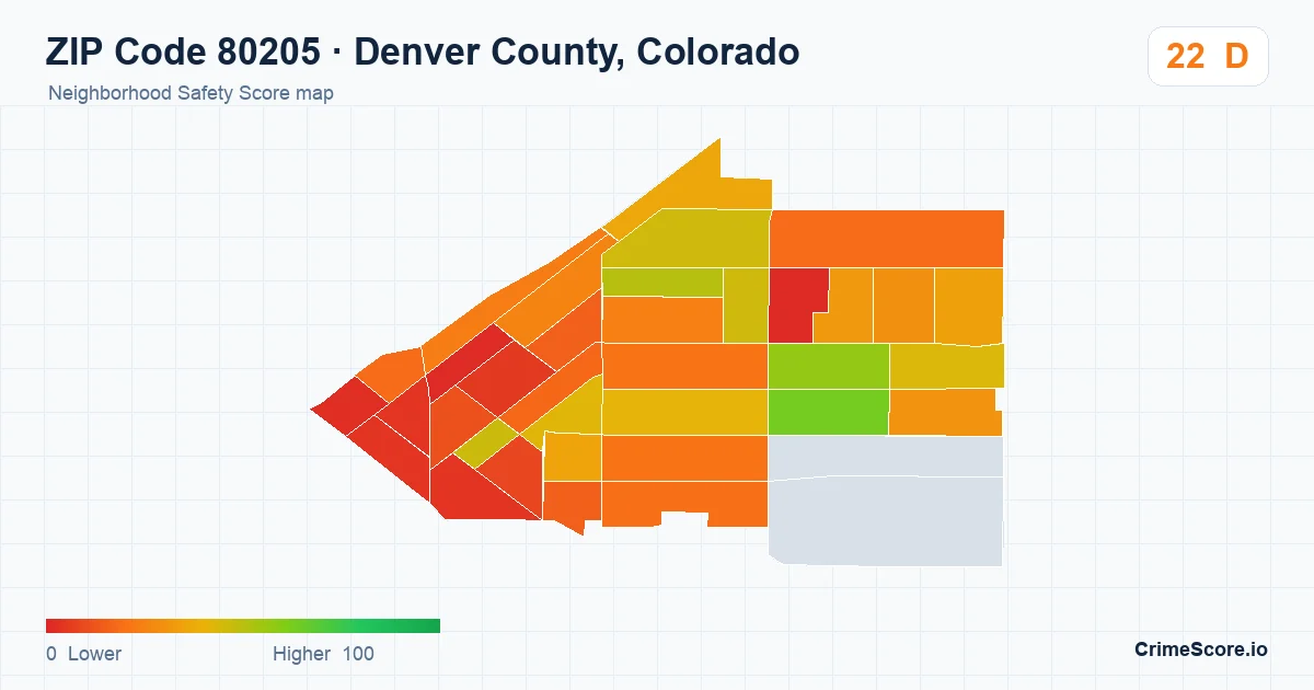ZIP Code 80205 in Denver County, Colorado neighborhood Safety Score map