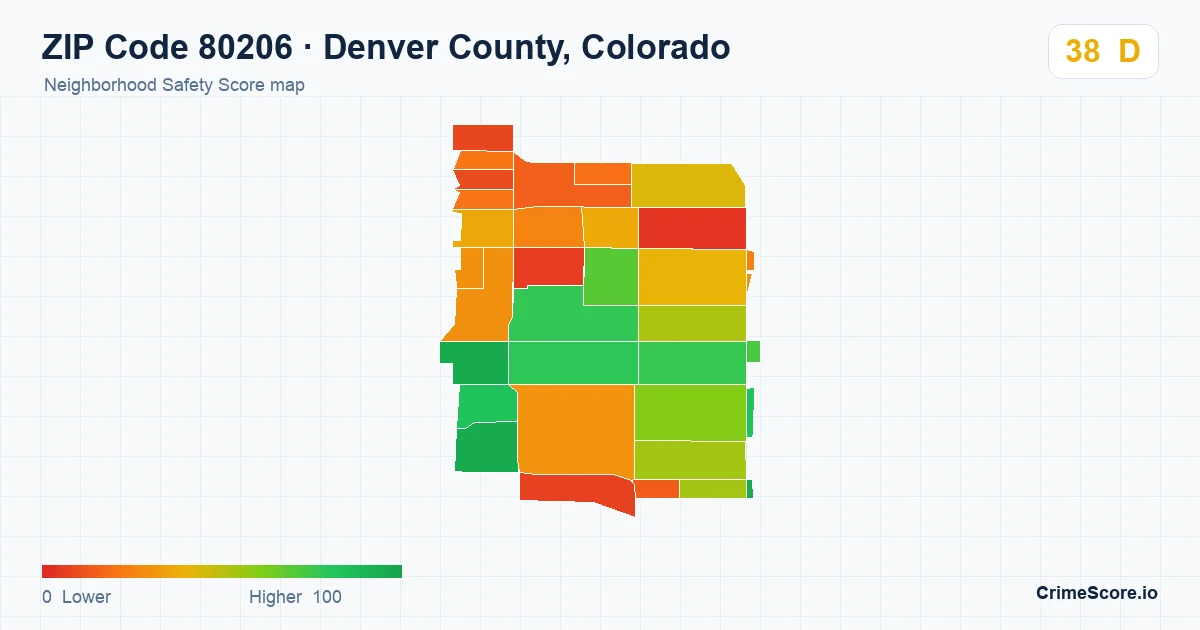 ZIP Code 80206 in Denver County, Colorado neighborhood Safety Score map