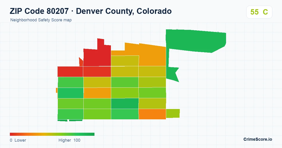 ZIP Code 80207 in Denver County, Colorado neighborhood Safety Score map