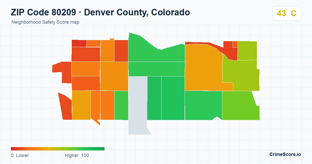 ZIP Code 80209 in Denver County, Colorado neighborhood Safety Score map