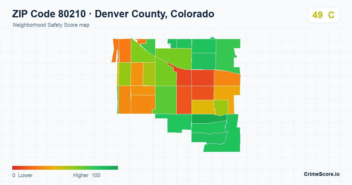 ZIP Code 80210 in Denver County, Colorado neighborhood Safety Score map