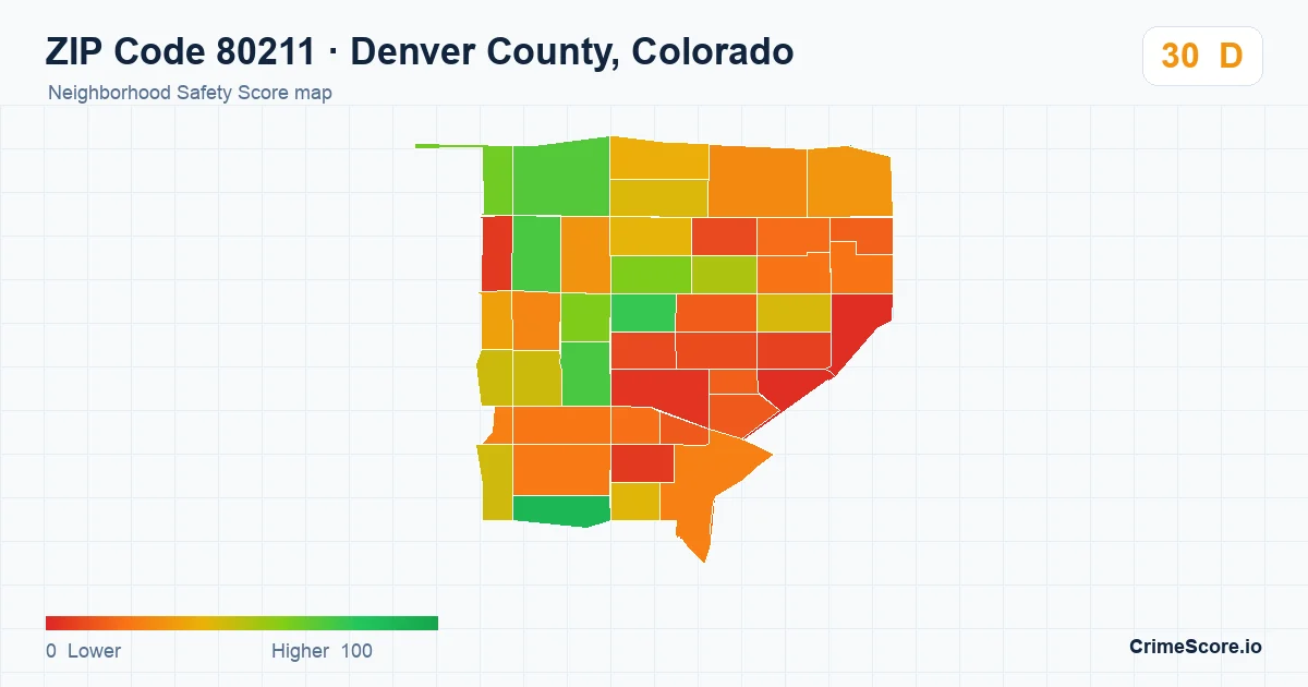ZIP Code 80211 in Denver County, Colorado neighborhood Safety Score map