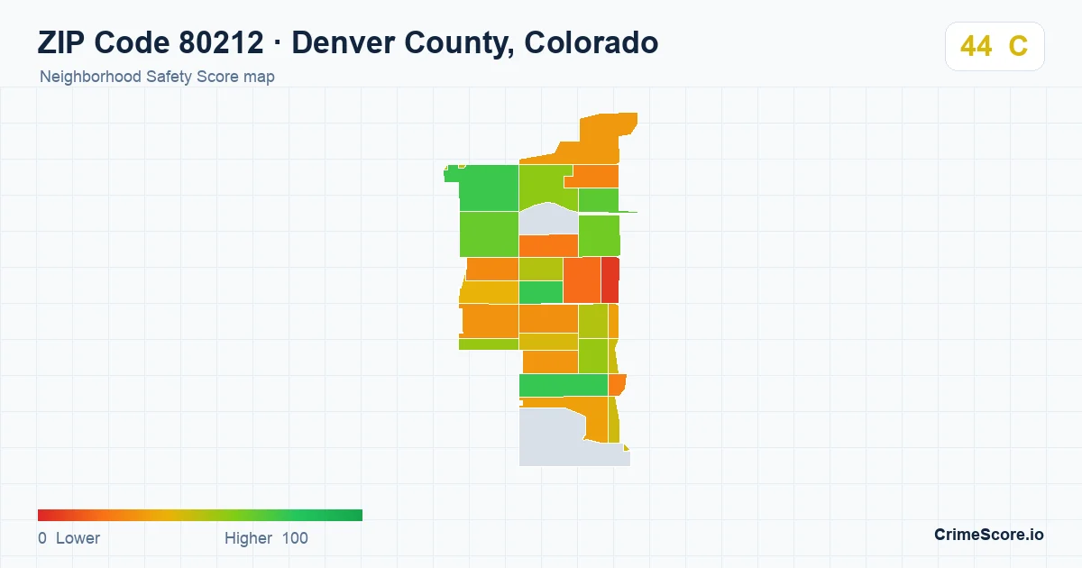 ZIP Code 80212 in Denver County, Colorado neighborhood Safety Score map