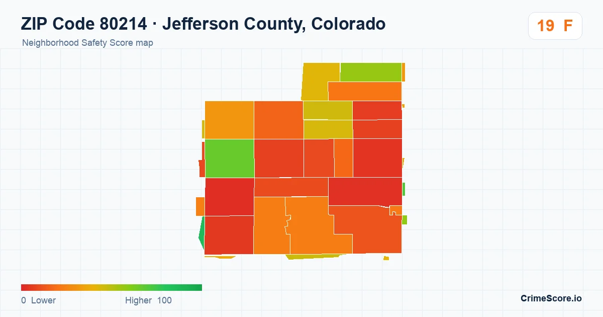 ZIP Code 80214 in Jefferson County, Colorado neighborhood Safety Score map