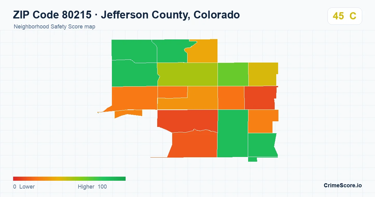 ZIP Code 80215 in Jefferson County, Colorado neighborhood Safety Score map