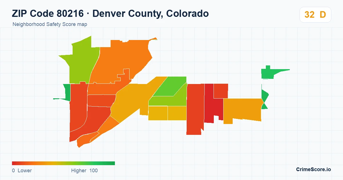 ZIP Code 80216 in Denver County, Colorado neighborhood Safety Score map
