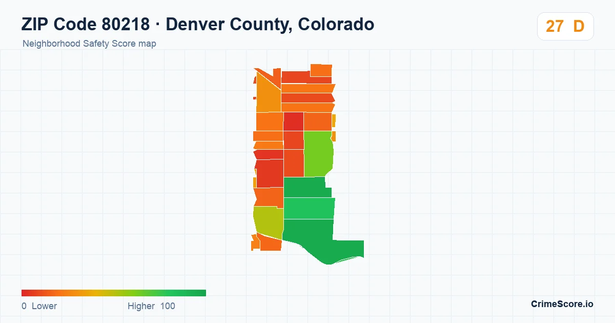 ZIP Code 80218 in Denver County, Colorado neighborhood Safety Score map