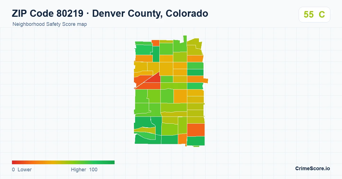 ZIP Code 80219 in Denver County, Colorado neighborhood Safety Score map