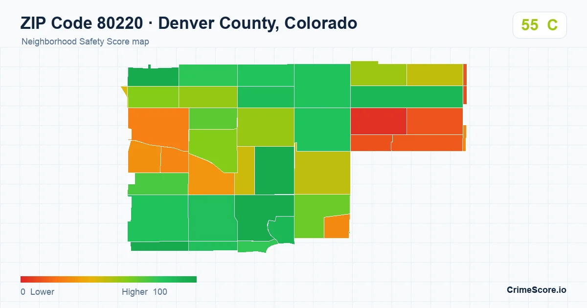 ZIP Code 80220 in Denver County, Colorado neighborhood Safety Score map