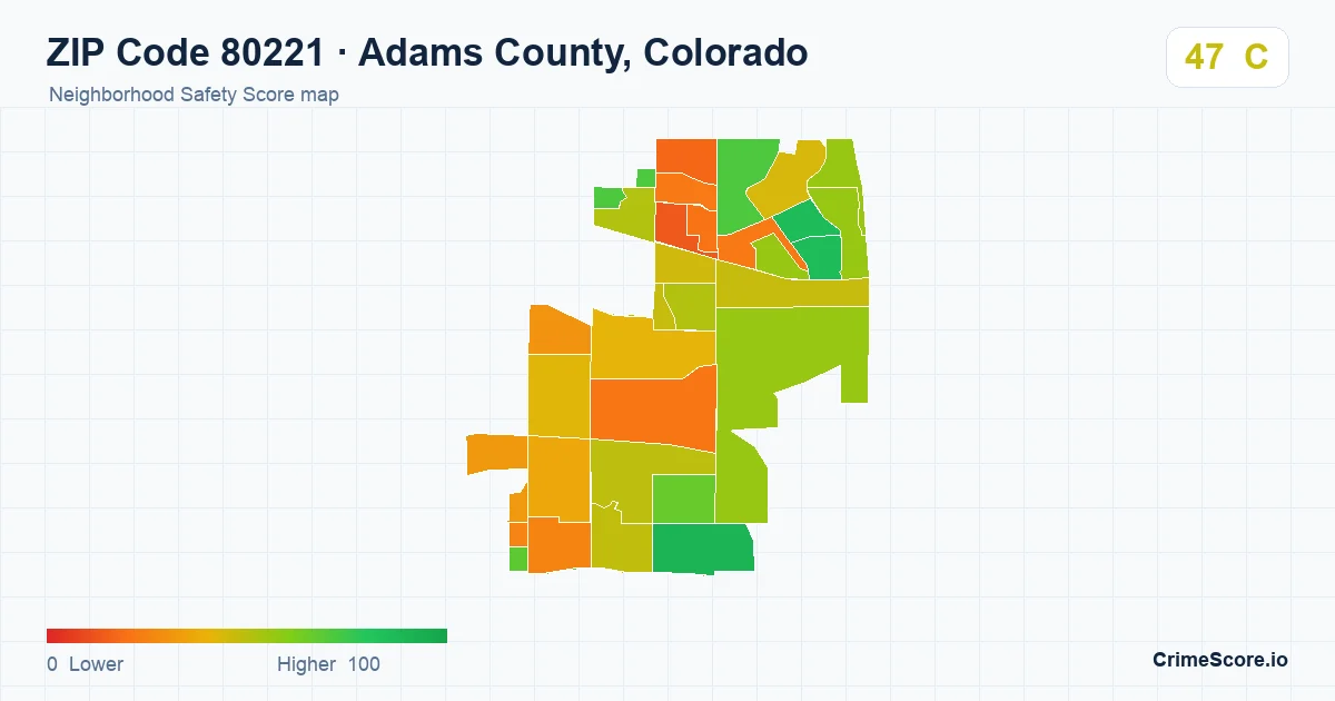 ZIP Code 80221 in Adams County, Colorado neighborhood Safety Score map
