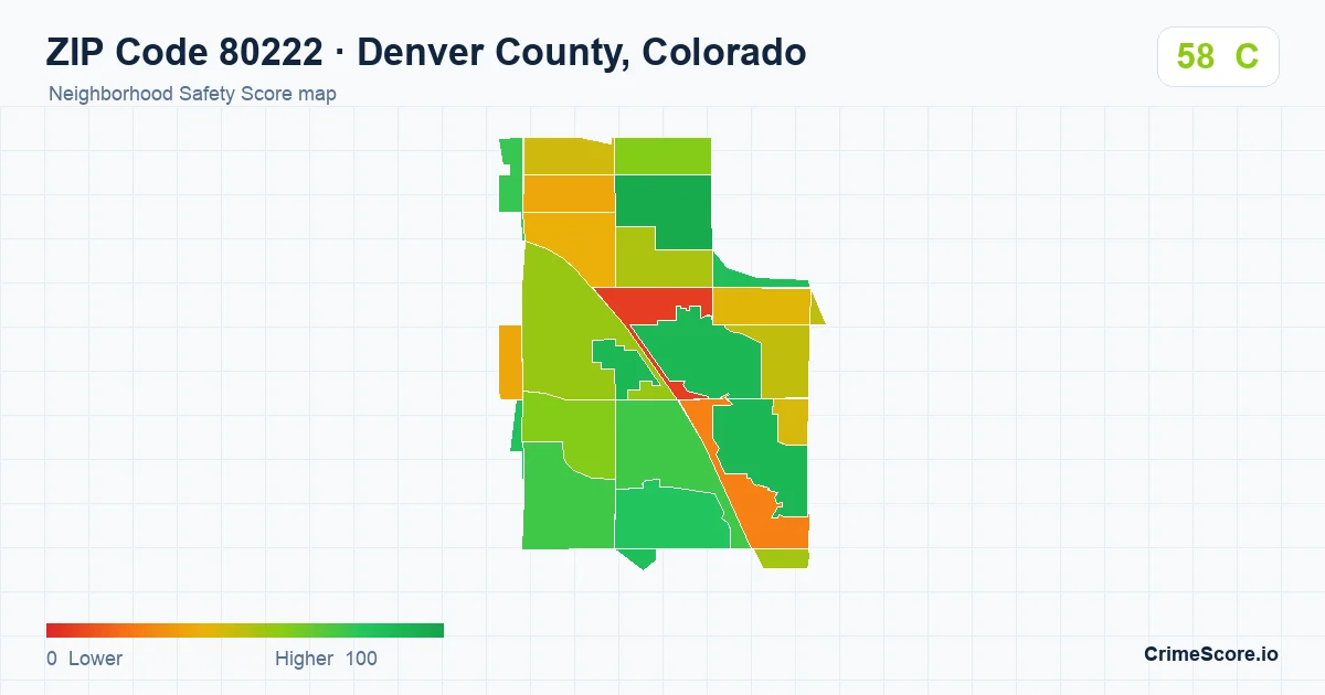 ZIP Code 80222 in Denver County, Colorado neighborhood Safety Score map