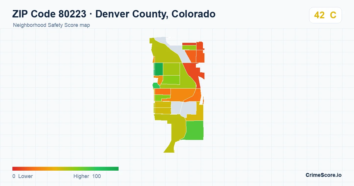 ZIP Code 80223 in Denver County, Colorado neighborhood Safety Score map