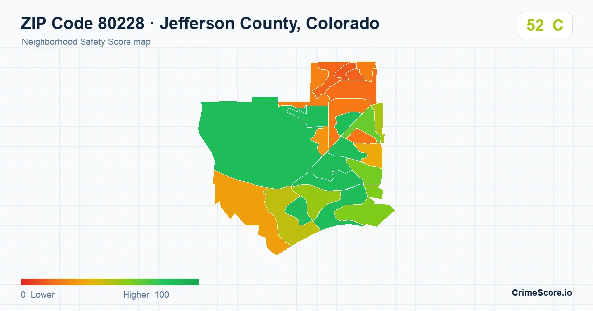 ZIP Code 80228 in Jefferson County, Colorado neighborhood Safety Score map