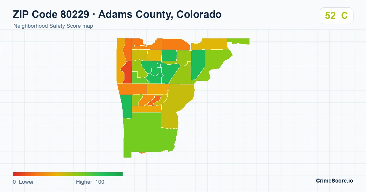 ZIP Code 80229 in Adams County, Colorado neighborhood Safety Score map