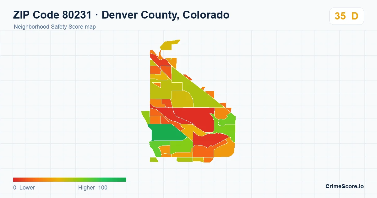 ZIP Code 80231 in Denver County, Colorado neighborhood Safety Score map