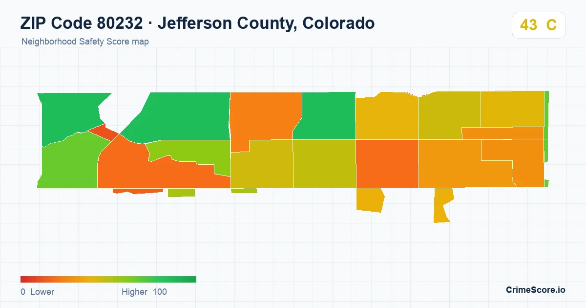 ZIP Code 80232 in Jefferson County, Colorado neighborhood Safety Score map