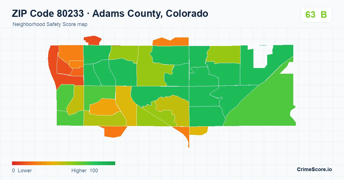 ZIP Code 80233 in Adams County, Colorado neighborhood Safety Score map