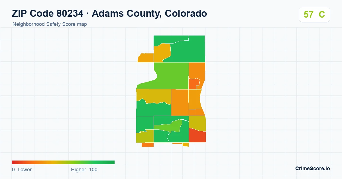 ZIP Code 80234 in Adams County, Colorado neighborhood Safety Score map