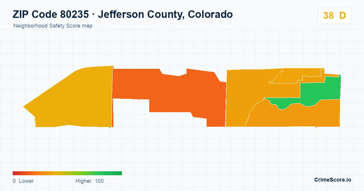 ZIP Code 80235 in Jefferson County, Colorado neighborhood Safety Score map